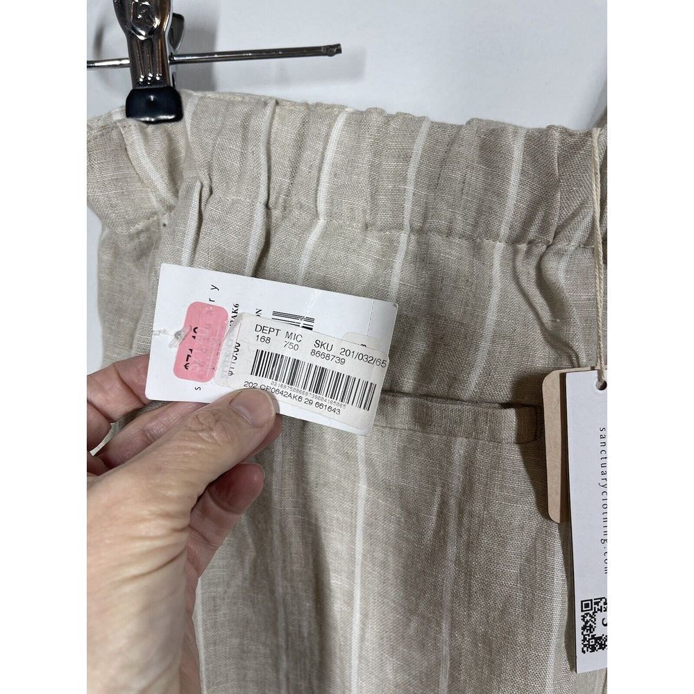 Sanctuary Women's 100% Tan Linen White Striped Pants Tie Waist Pockets Size 29 - Picture 7 of 16